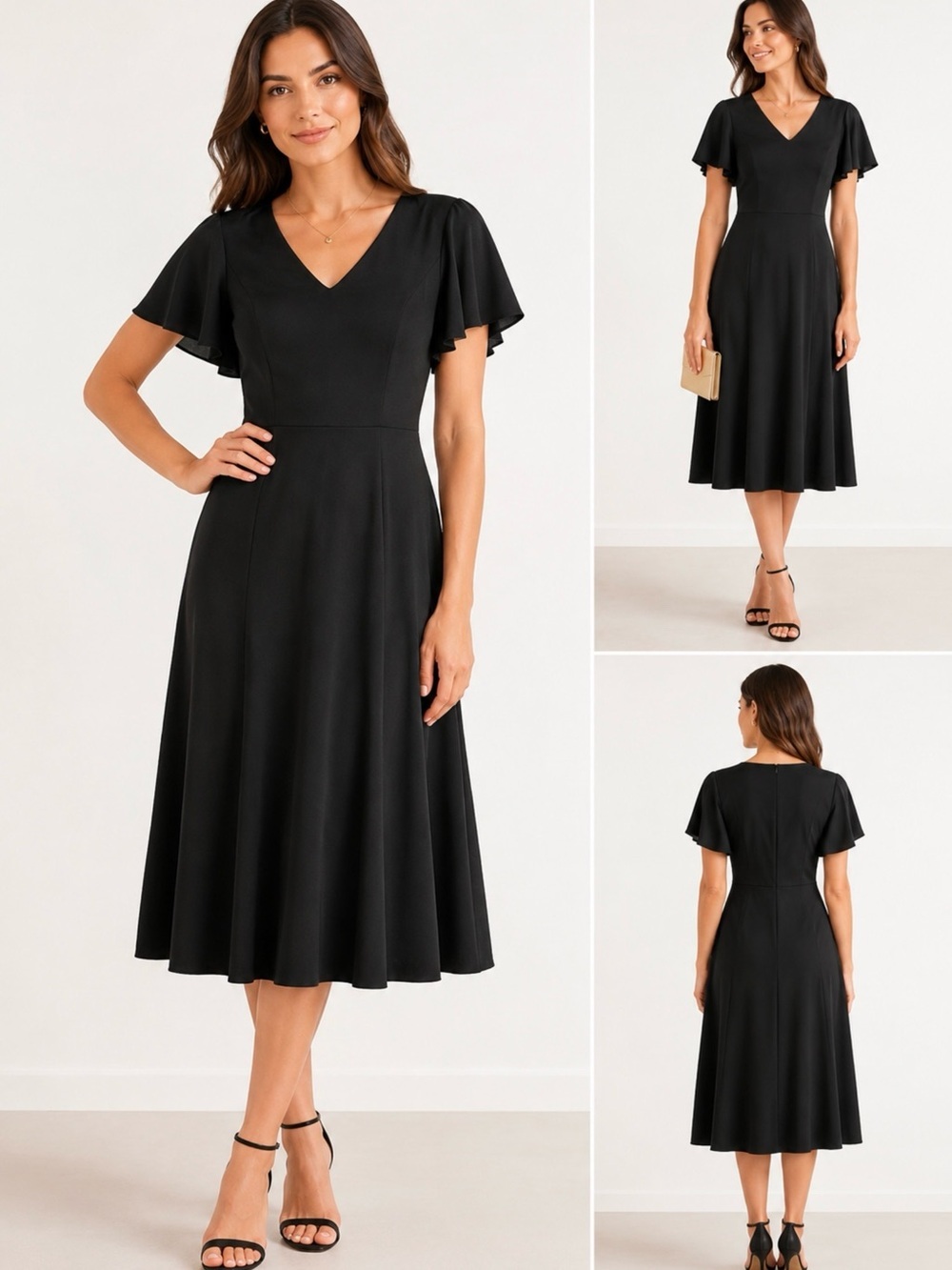 Bridesmay by Jenny Yoo Black Fit & Flare Midi Dress Flutter Sleeve Size L